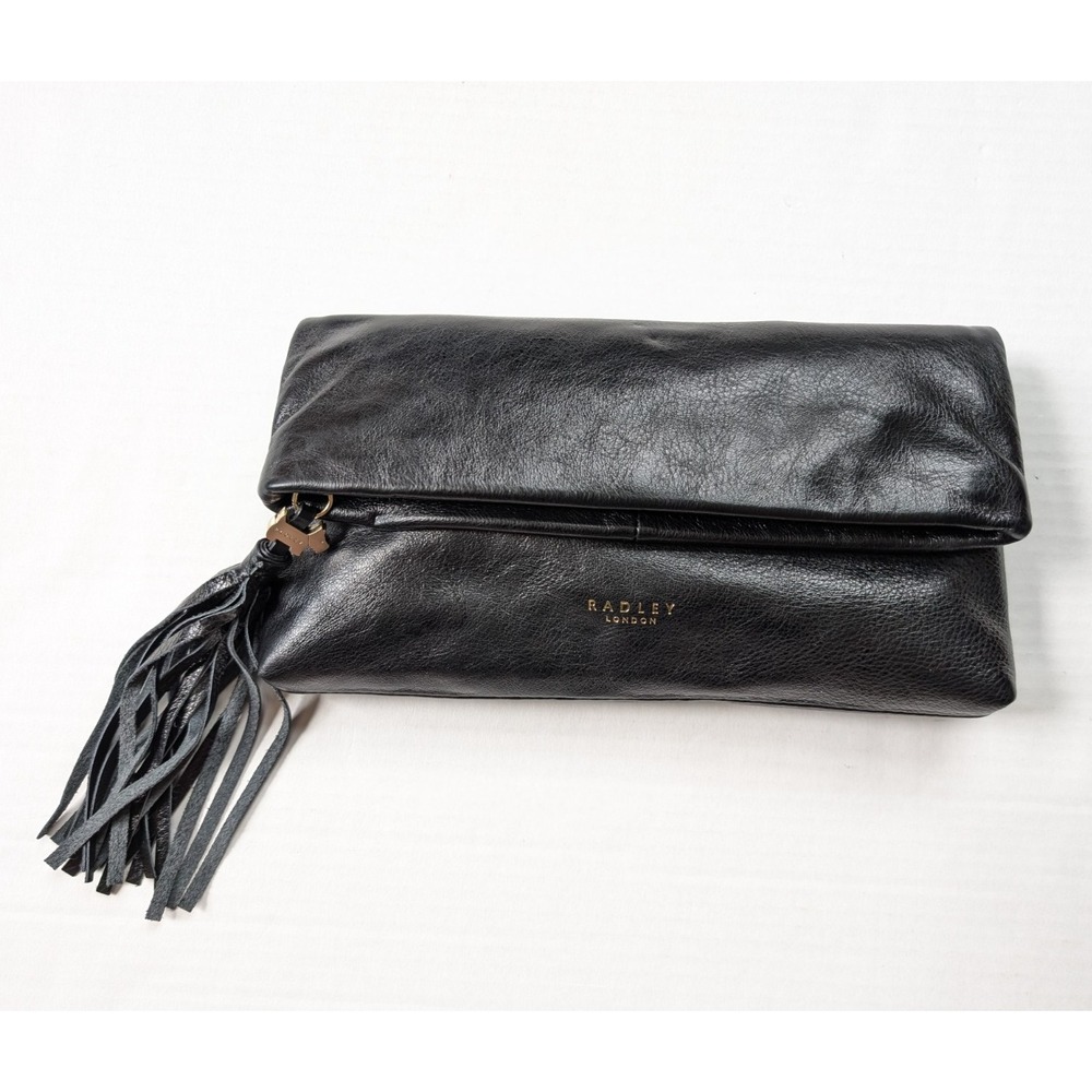 Radley London‎ Hatfield Clutch w/ Strap Black Leather Medium Foldover